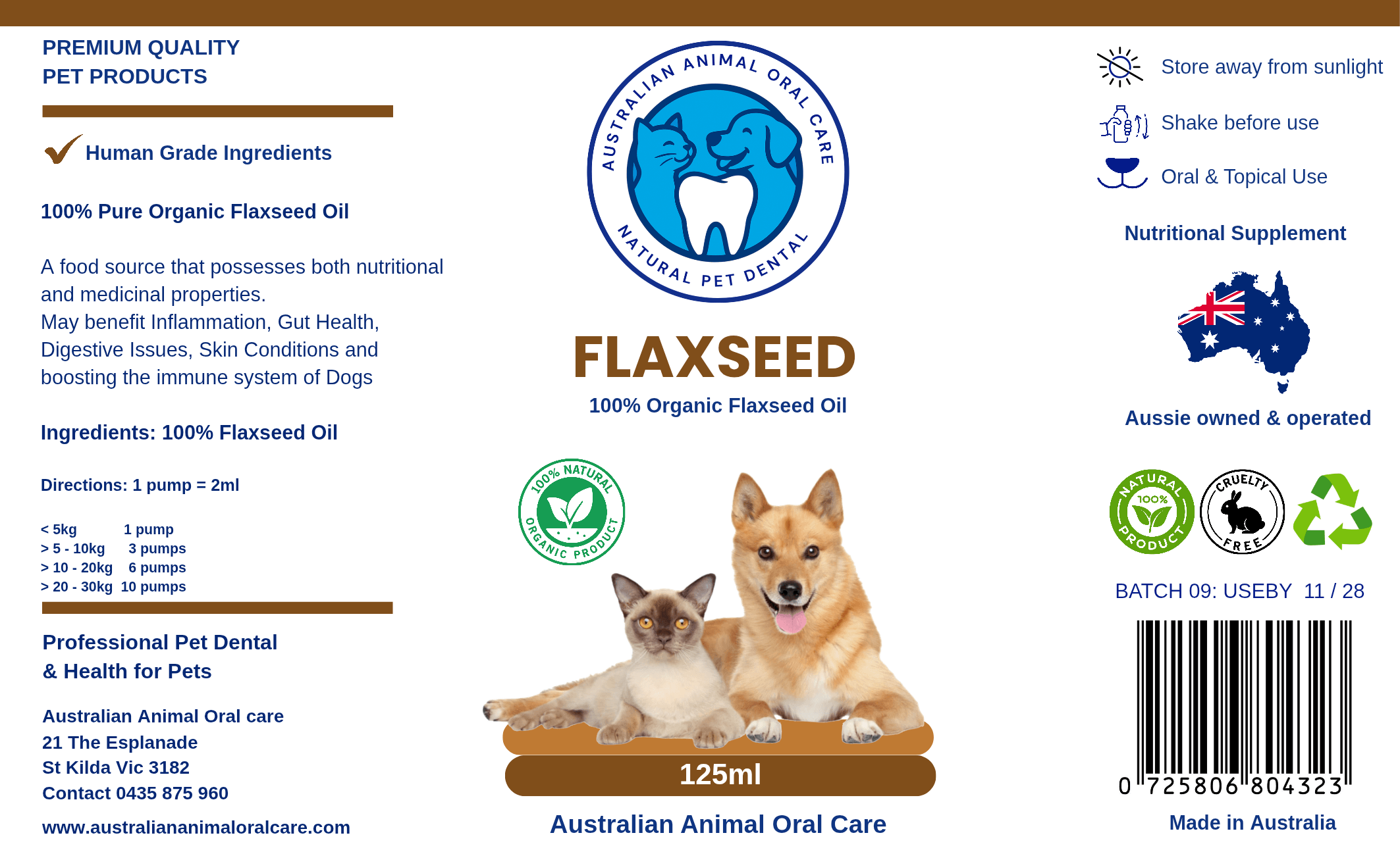 Flackseed oil for pets label Australian Animal Oral Care 