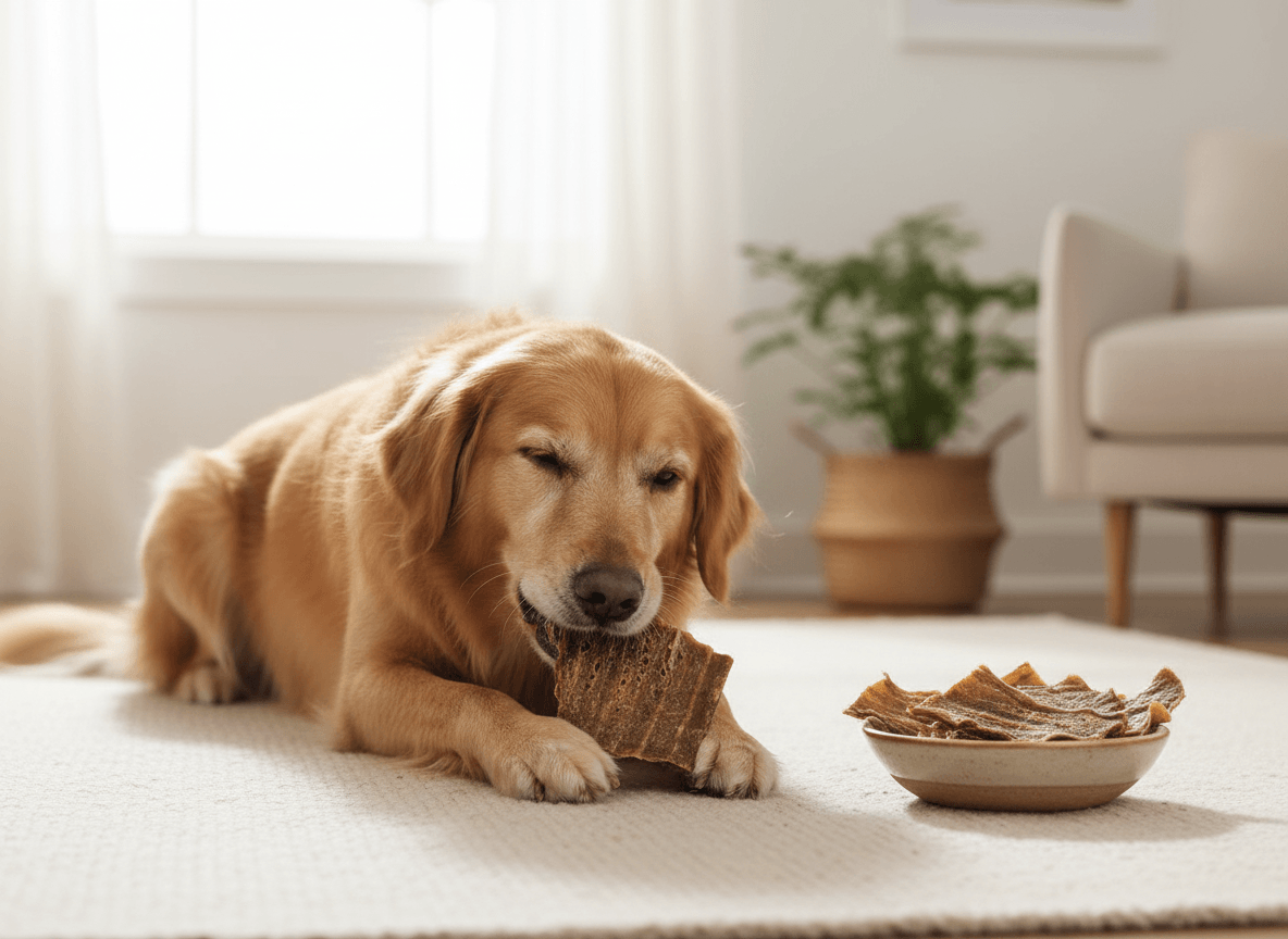Dog eating shark skin dental chews