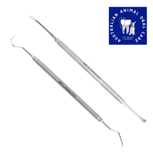 A dental scaler with flat edge, made of stainless steel, measuring 8.7 cm in length.