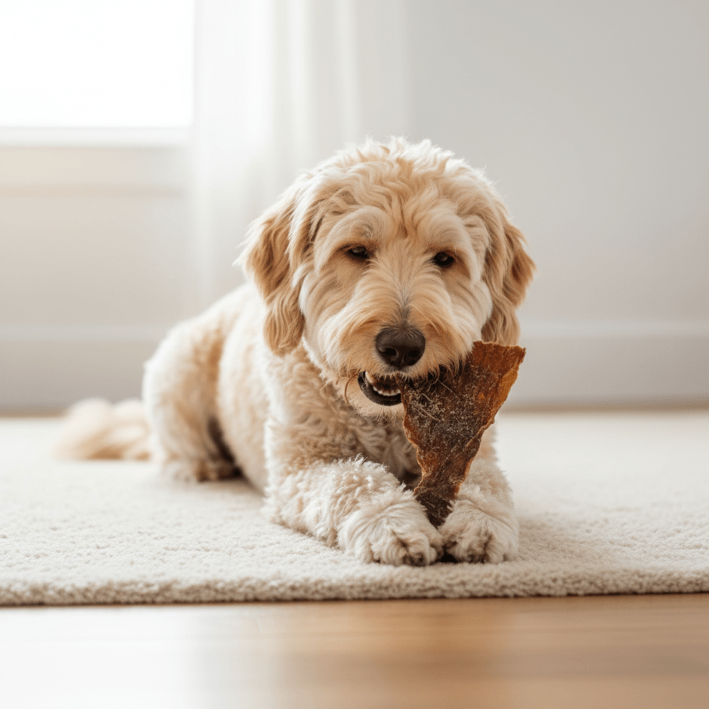 Dog eating shark skin dental chews