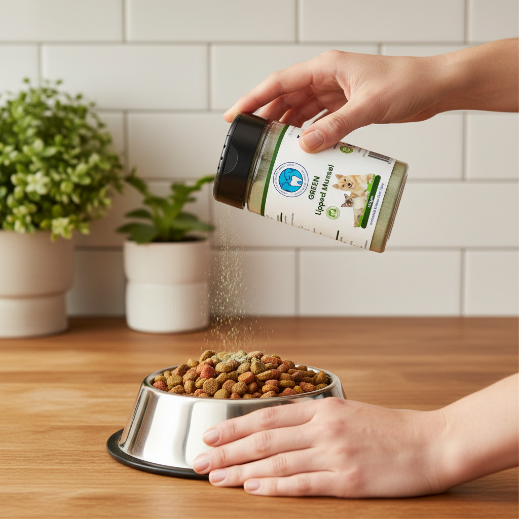 Green Lipped Mussel Powder in pet food bowl