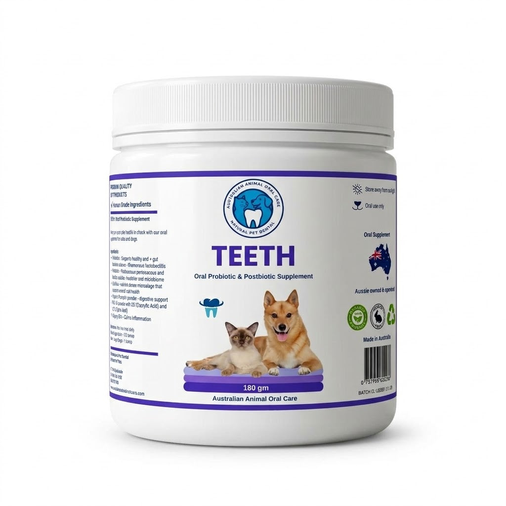 Oral probiotic dental powder for dogs and cats in a container, vet-approved, 100% natural, promoting oral and gut health.