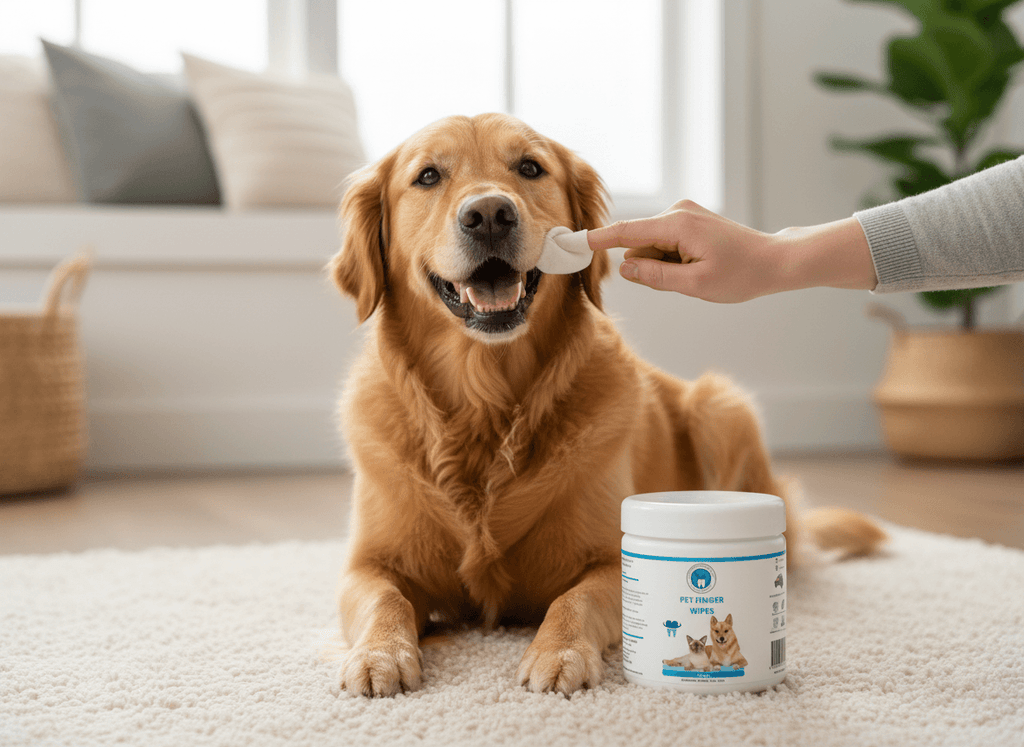 Dog with pet finger tip wipes