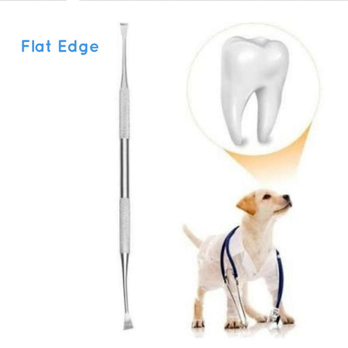 A dental scaler with flat edge, made of stainless steel, measuring 8.7 cm in length.