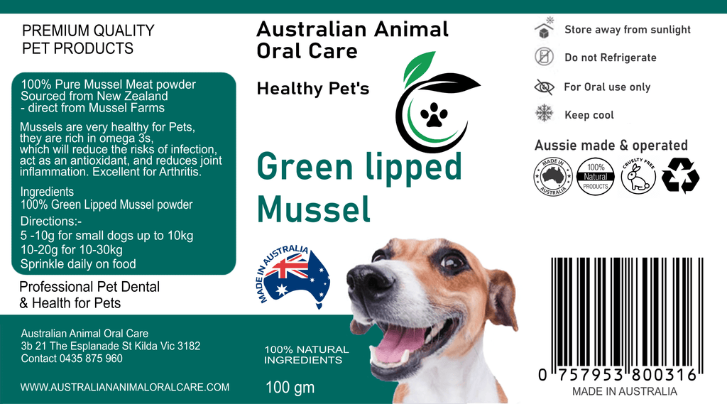 Australian Animal Oral Care Green Lipped Mussel product label with a dog's face and branding elements.