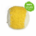 Yellow and white sponge with a green '100% Vegan' label on a white background